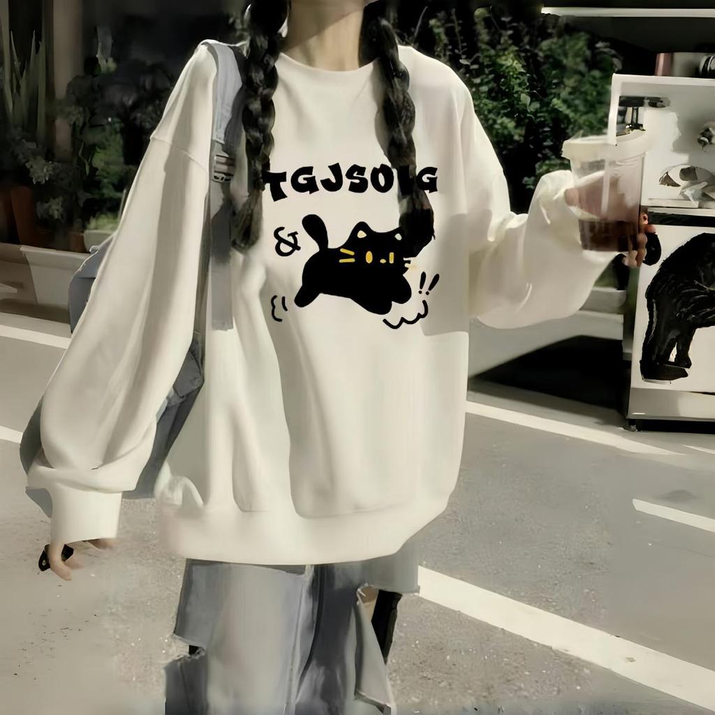 Spring 2025 Girls' Cotton Crew Neck Fleece Sweatshirt, Big Kids, Middle & High School, Loose Fit, Long-Sleeved, No Hood