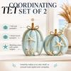 Seasonal Entryway Table Decor 2Pcs 2D Flat Coastal Pumpkin Ornaments, Wooden Ocean Theme Tabletop Unique Fall with Starfish Shells Decoration & Shell