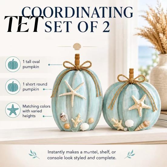 Seasonal Entryway Table Decor 2Pcs 2D Flat Coastal Pumpkin Ornaments, Wooden Ocean Theme Tabletop Unique Fall with Starfish Shells Decoration & Shell