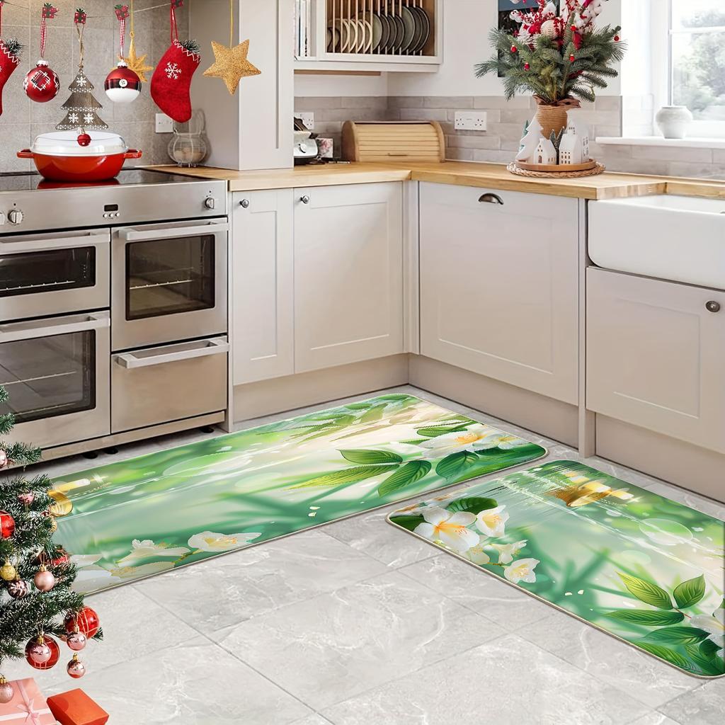 1 шт. анти-усталостные кухонные коврики, цветочный принт на берегу озера, водонепроницаемый нескользящий толстый мягкий кухонный коврик, прочный, удобный стоячий коврик для кухни