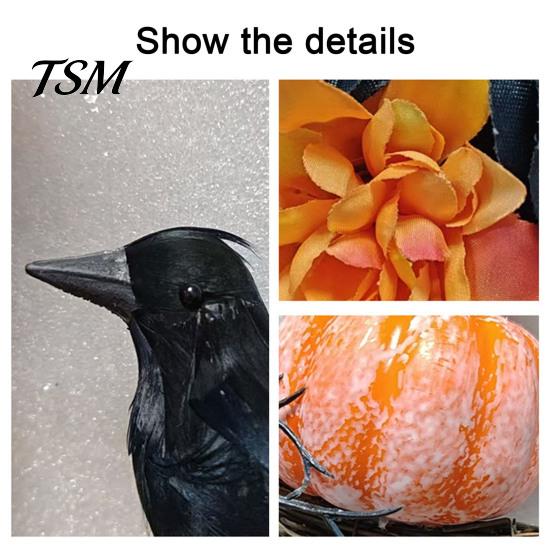 Fabric Wall Hanging Decor Halloween Door Sign, Artificial Floral Branch Crow Moon Hanger with Unique Party Ornaments Bird, Spooky Window Yard for Home