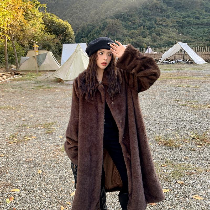 Винтажное коричневое длинное выше колена пальто из меха норки с отворотом, утолщенное, высокое, из экологически чистого меха, шуба