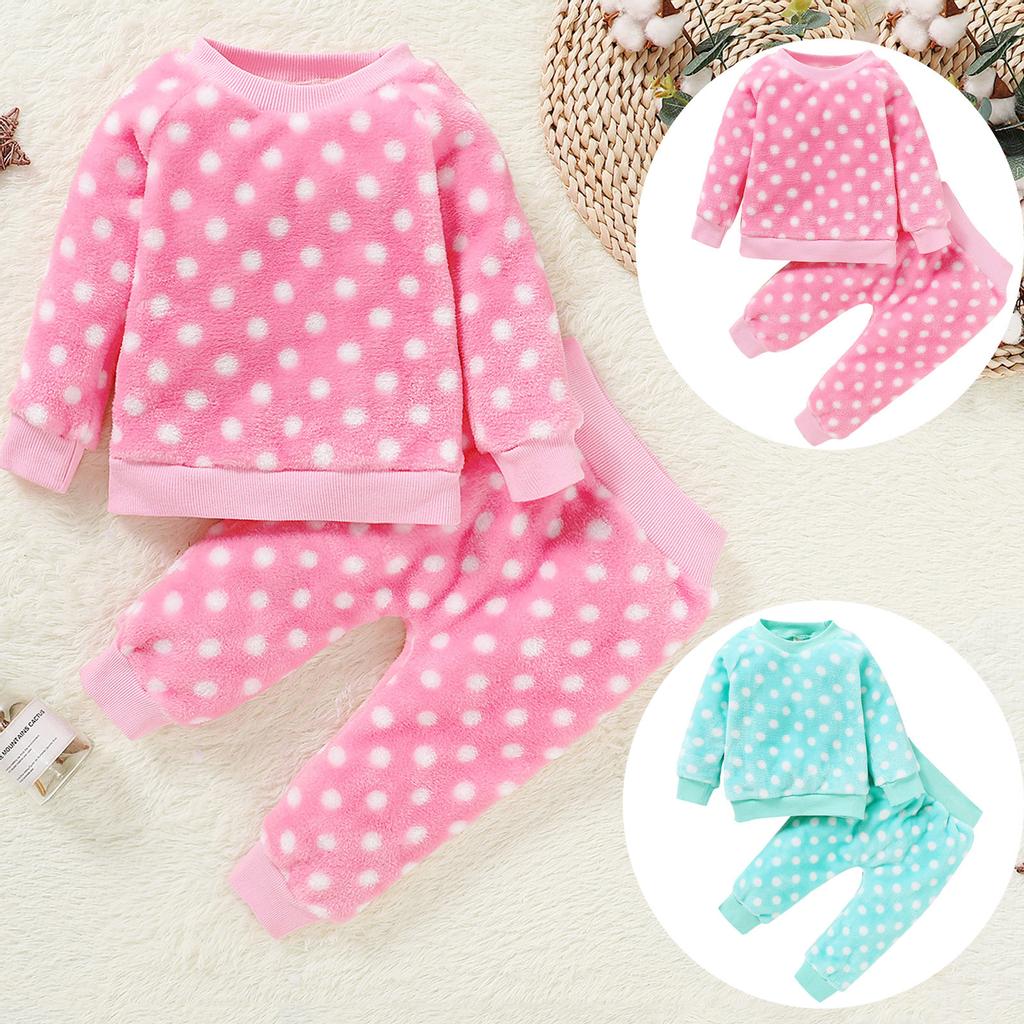 Толстые теплые фланелевые топы + штаны в горошек для маленьких мальчиков и девочек, пижамный комплект