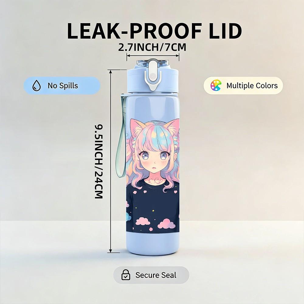 1PC Anime Girl Pastel Hair 750ml Color Plastic Sports Water Bottle Leakproof Flip Straw Lid Suitable for Sports Office Home Use