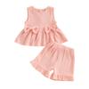 Toddler Girl Summer Clothes Solid Color Bow Round Neck Tank Tops + Elastic Waist Ruffled Shorts 2 Pcs Set