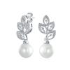 Vintage Style Clear CZ Statement Fashion Leaves White Simulated Pearl Drop Earrings for Women for Silver "Bride Prom, Plated"