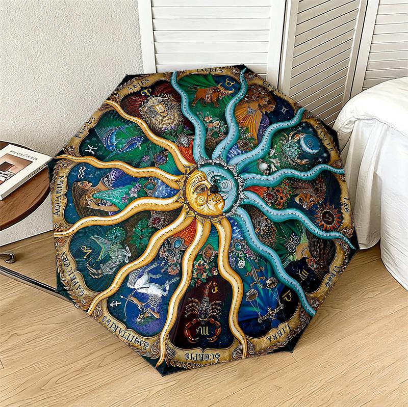 Zodiac Circle 8 Ribs 3Fold Black Glue Uv Protection Umbrella Sun Protection Rainproof Compact Folding Umbrella For Travel Daily Use C9241361
