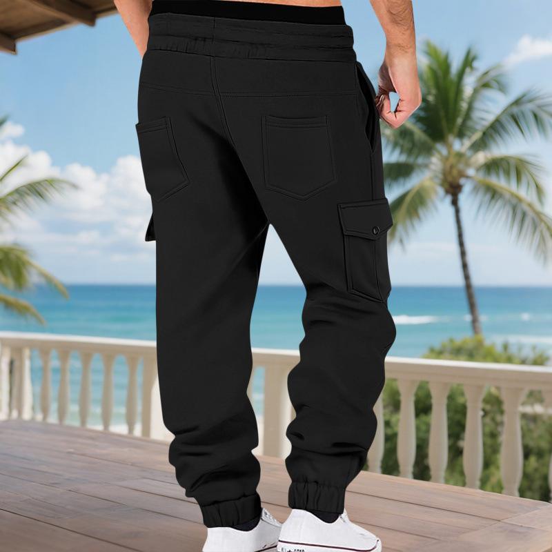 Men's Fleece-Lined Drawstring Loose-Fit Multi-Pocket Cargo Pants.