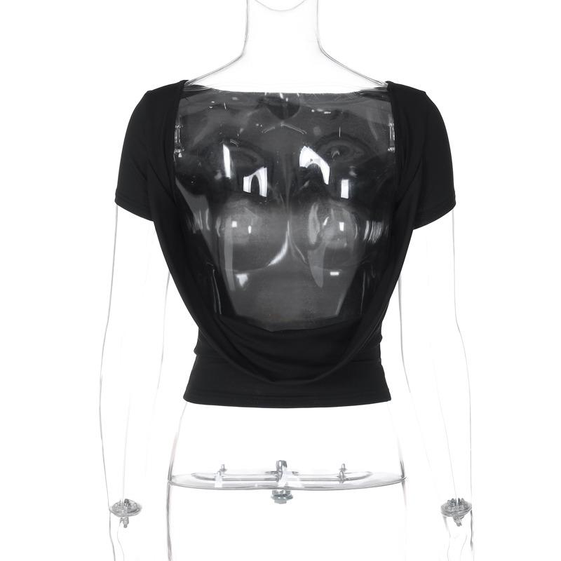 Летняя простая элегантная короткая сексуальная футболка с открытой спиной, женская модная однотонная уличная футболка с вырезом-лодочкой, женская повседневная облегающая черная футболка, женские топы 25554