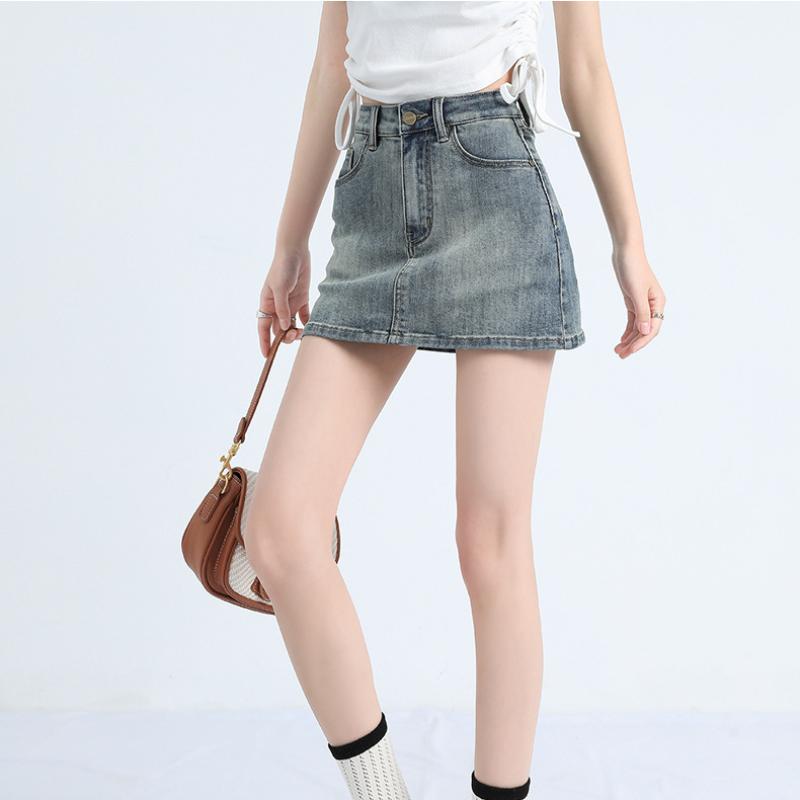 Джинсовая короткая юбка в стиле ретро, ​​женская летняя короткая юбка для похудения с высокой талией, антибликовая юбка трапециевидной формы с запахом на бедрах