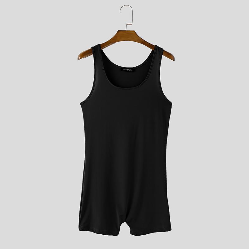 INCERUN Men Sleeveless Solid Color Thin Semi-Sheer Bodysuits Jumpsuits Short Rompers Underwear
