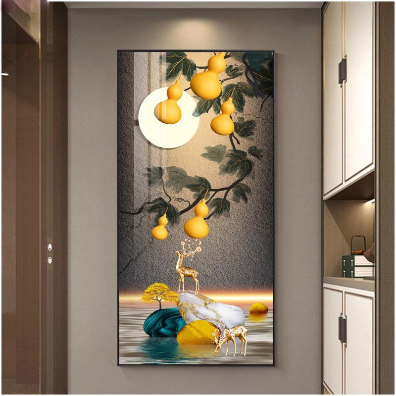 Abstract Fengshui Golden Zen Stone Canvas Painting Golden Moon Deer Wall Art Rich Tree Posters for Porch Wall Decor No Frame