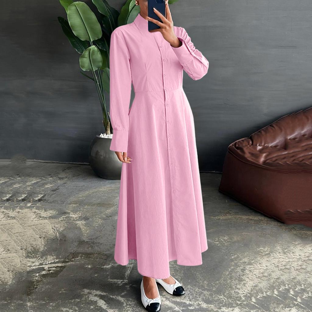 Women's Casual Elegant Lapel Solid Color Straight Long Sleeve Shirt Dress