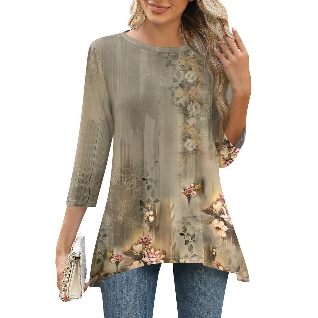 3/4 Sleeve Tunic Tops For Women Printed Daily Weekend Loose Fit Fashion Basic Round Neck T Shirt