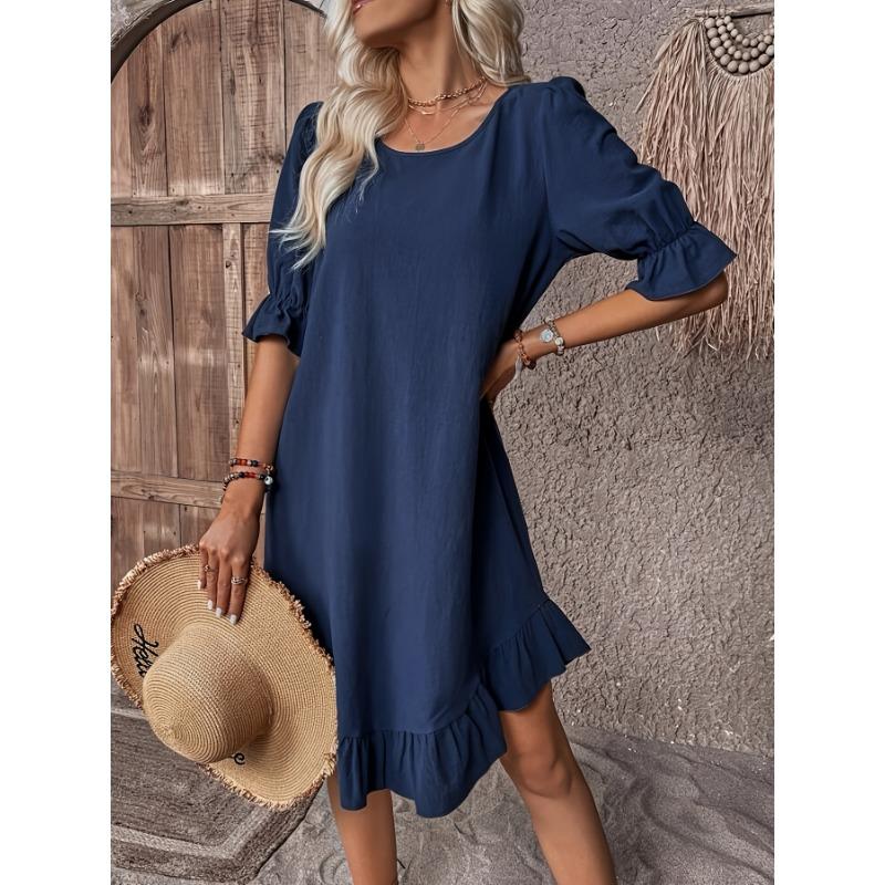 Solid Color Half Sleeve Dress, Casual Crew Neck Dress For Spring, Women's Clothing