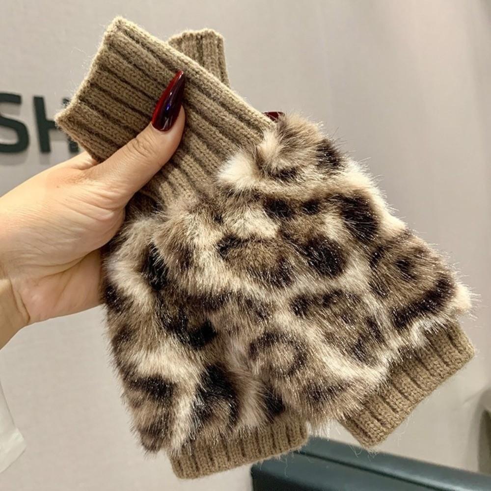 Soft Plush Fingerless Gloves Warm Leopard Print Gloves Vintage Half-Finger Gloves Winter