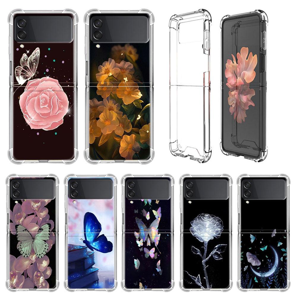Роскошный чехол с бабочкой и цветком для Samsung Galaxy Z Flip 3 4 5g Funda Z Flip3, прозрачный жесткий противоударный чехол для ПК, чехол для телефона