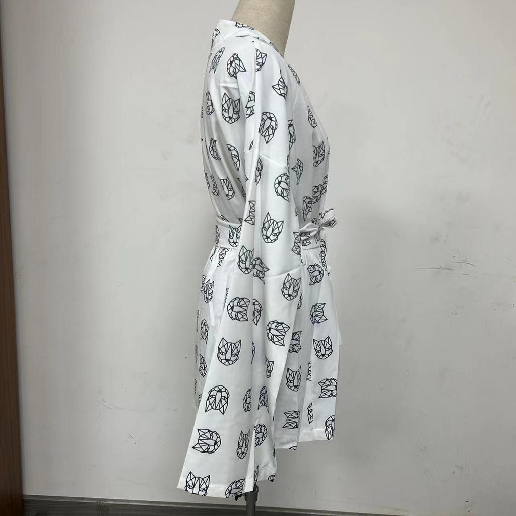 BITCED Loose Long Sleeve Women's Print Casual Commuter Lace-up Pajamas High-waisted Shorts Set