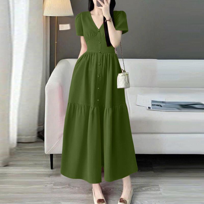 ZANZEA Женское летнее повседневное длинное платье с V-образным вырезом и коротким рукавом