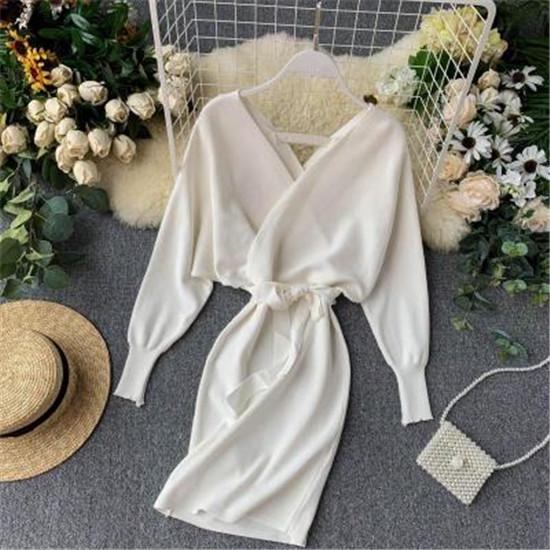 Stylish New Autumn Winter Bag Hip Sweater Dress Female Chic V-neck Bandage Dresses Sexy Women