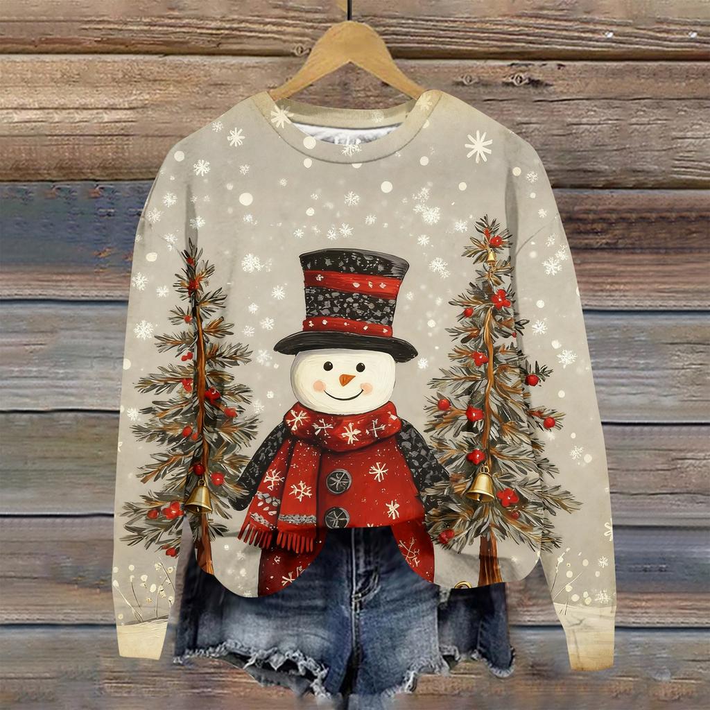 Women's Fashion Christmas Printed Long Sleeve Loose Round Neck Sweatshirt Top