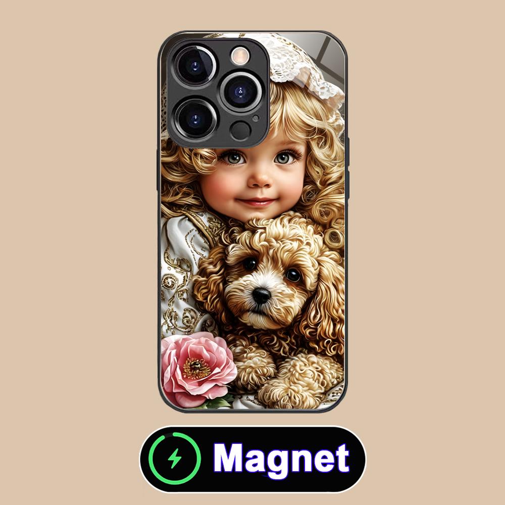 Чехол для мобильного телефона iPhone 17 16 15 14 13 12 11 Air Pro Max Plus Mini, стеклянный, MagSafe, с рисунком девочки и щенка, цветной