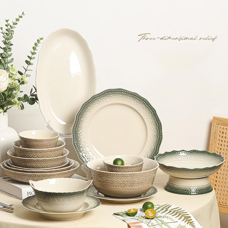 Ancient European Style Ceramic Dining Plate Underglaze Jadeite Green Breakfast Bread Steak Plate Household Kitchen Tableware