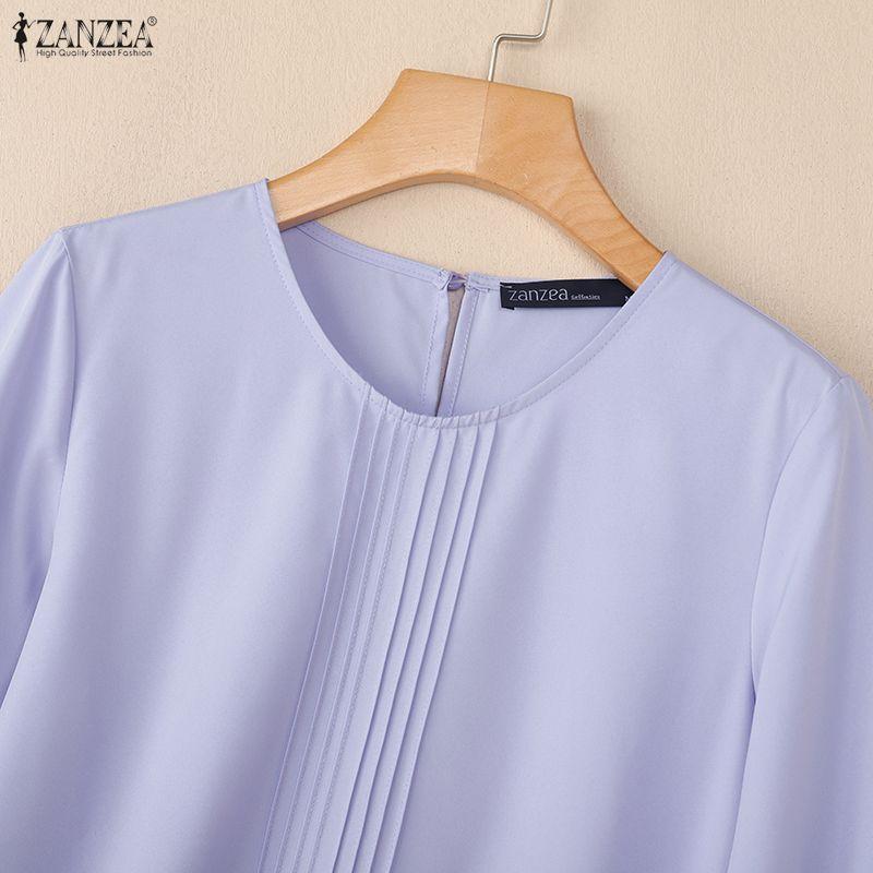 ZANZEA Женская повседневная однотонная блузка с круглым вырезом и рукавом 3/4
