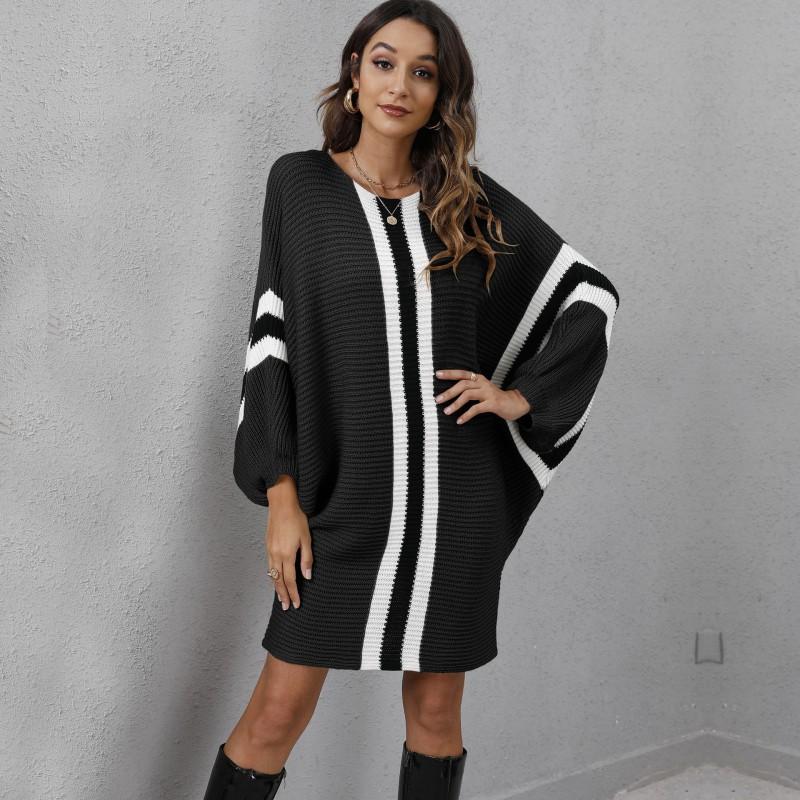 Womens Knit Sweater Dress Loose Batwing Sleeve Colorblock Midi DP049