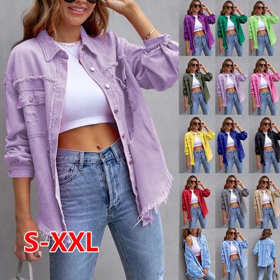 Женская рваная джинсовая куртка с потертостями, повседневное джинсовое пальто бойфренда с длинными рукавами, базовые куртки-дальнобойщики