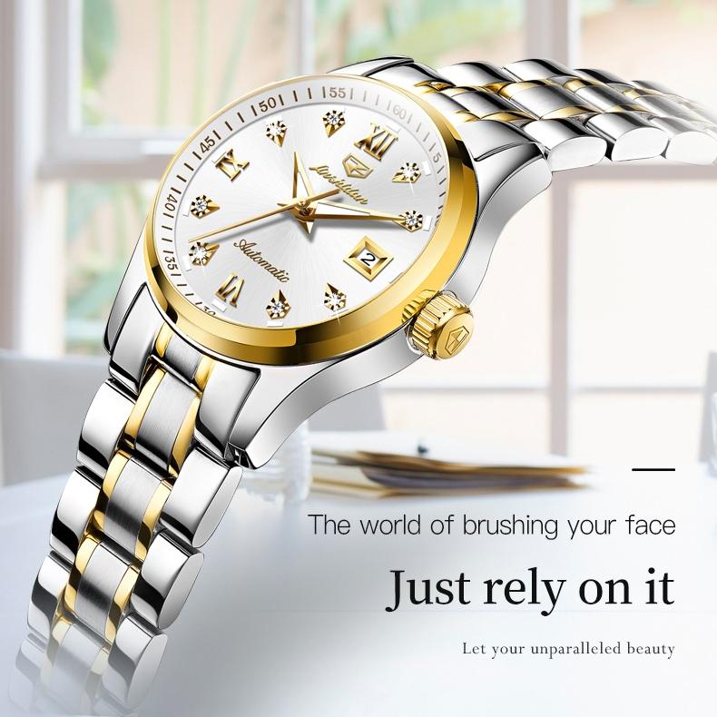JINSHIDUN Brand Watch Heart Steel Automatic Mechanical Single Calendar Luminous Waterproof Women's Watch Women's Watch