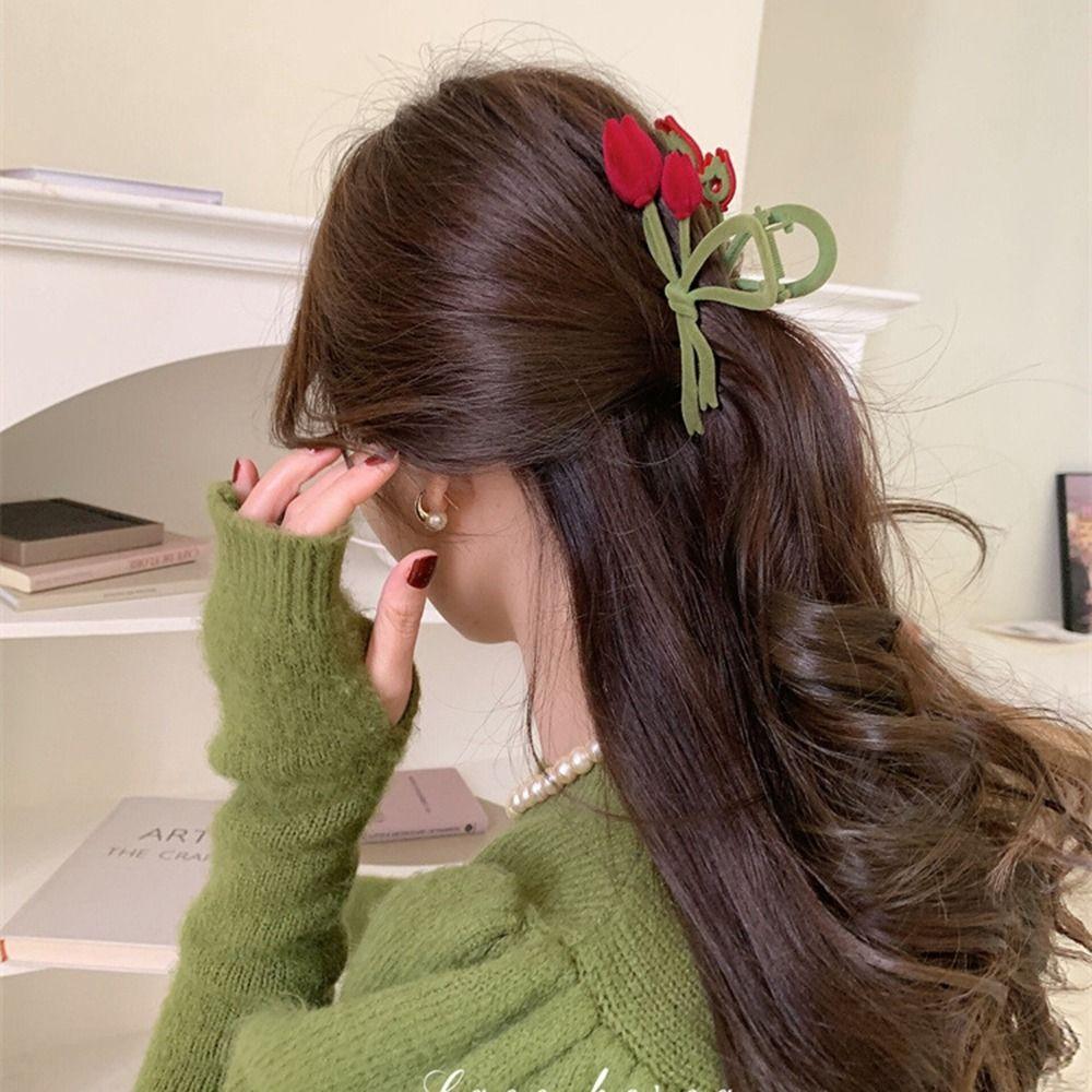Clip Female Hair Accessories Red Velvet Hair Claw Korean Style Headwear Flocking Tulip Hair Clip