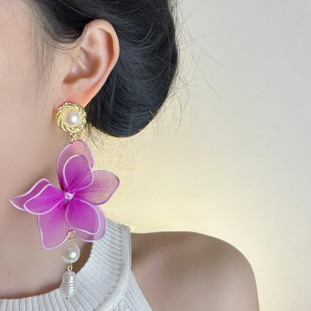 Pearl Pedant Mesh Flower Dangle Earrings Exaggerated Petals Stud Earrings  Ladies/Girls