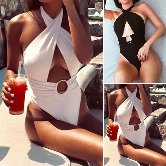 Женский купальный костюм, однотонный женский монокини с крестом и бретелькой на шее, высокой талией