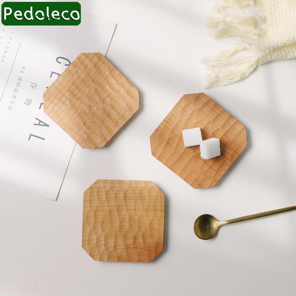 Pedoleco Wooden Coasters, Set of 3, Cherry Blossom Octagon Design, Handmade, Stylish Tea Trays, Dessert Plates, Thick, Waterproof, Decorative,