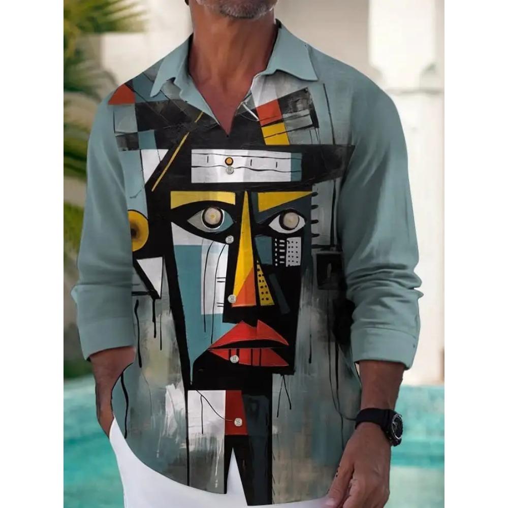 2024 Новая мужская рубашка с 3D художественной росписью, модным принтом, однобортная, с длинным рукавом, повседневная, мужская, свободного кроя, с лацканами, длинный рукав