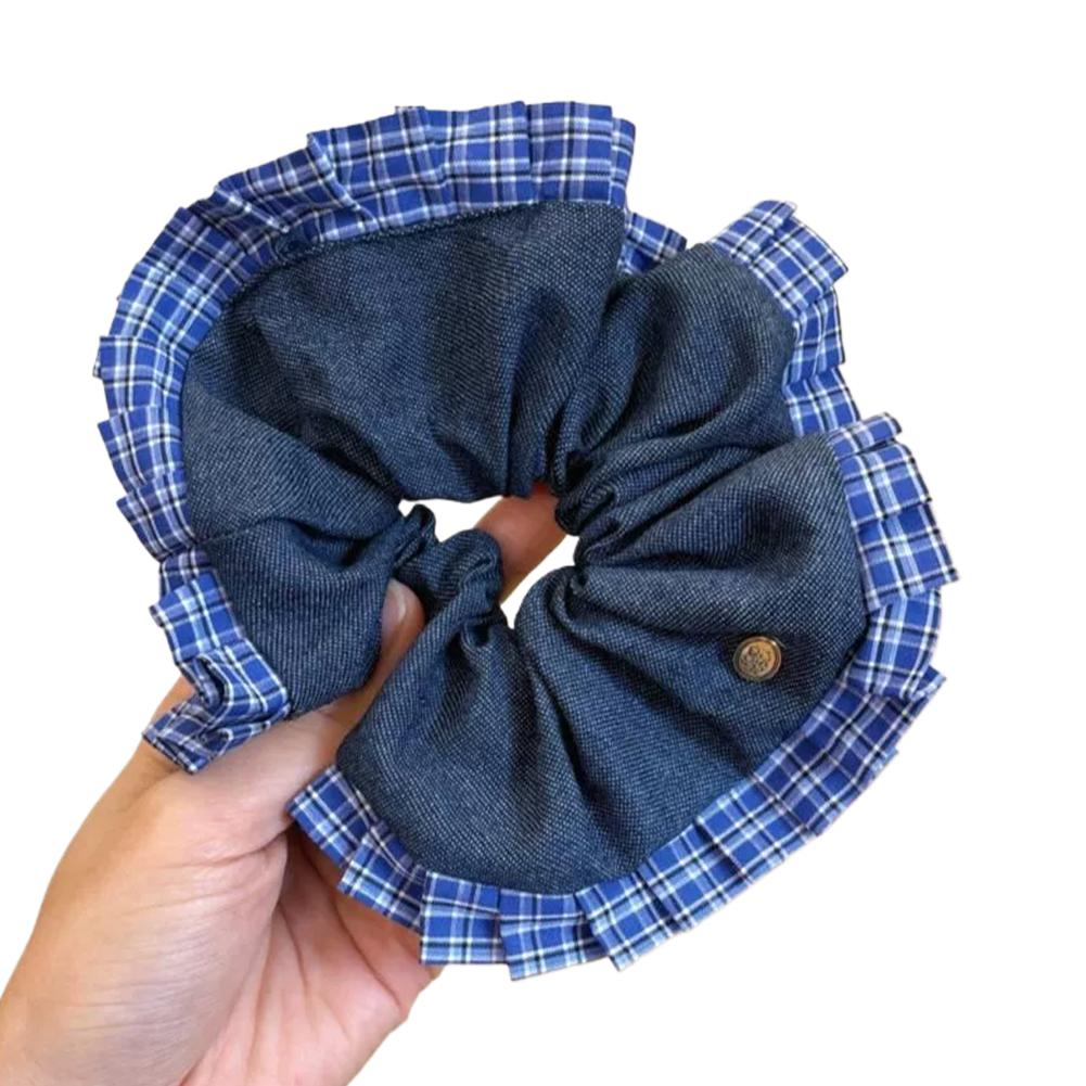 Korean Bow Denim Blue Plaid Square Scarf Large Intestine Headband Hair Square Female Band Hair H0K6
