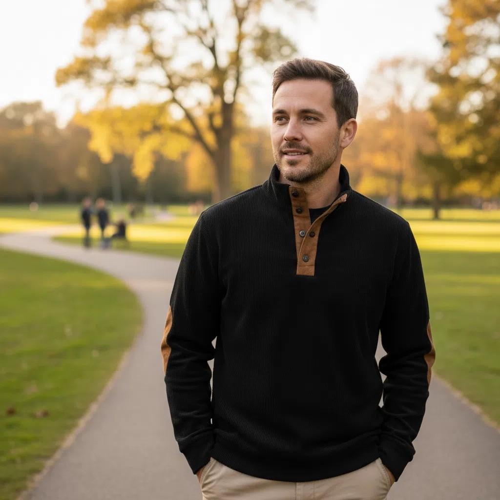 Men's Black Ribbed Sweater with Brown Leather Accents - Autumn Style for Outdoor Wear