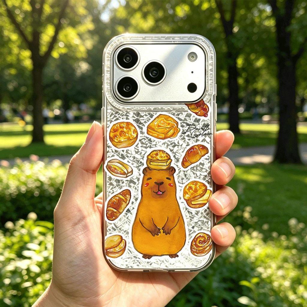 Phone Case for iphone XS Max XR 18 Pro Max 13 15 12 Air 14 16 Plus 17 Pro 11 Capybara & Breads Silver Cracked Texture Shockproof Cover