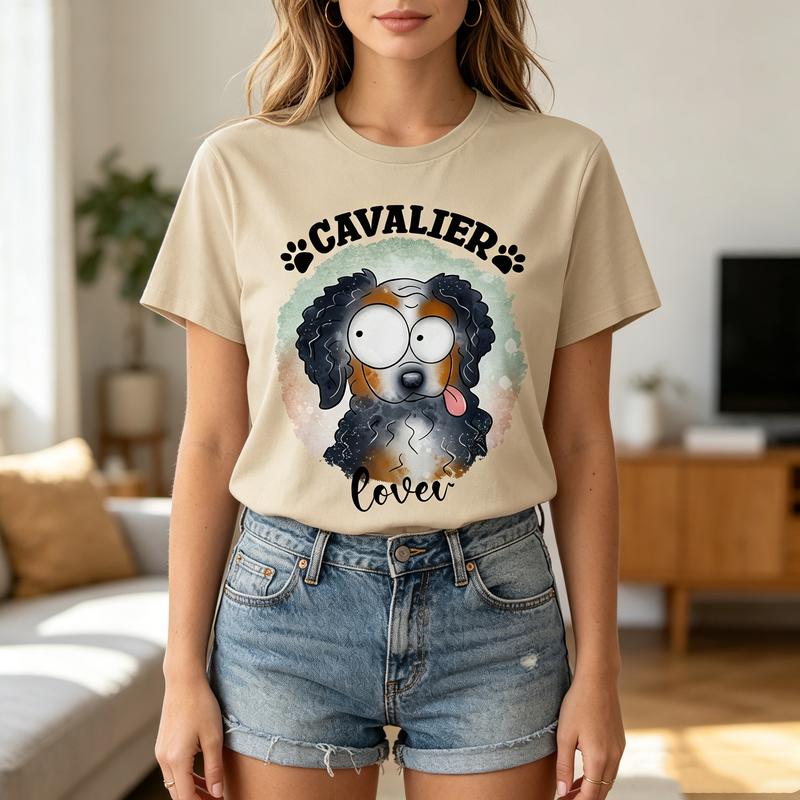 Vintage Cavalier Lover Tee Cute Cavalier Dog Face Print Men Women Cotton Short Sleeve Trendy Streetwear Gift For Dog Owners
