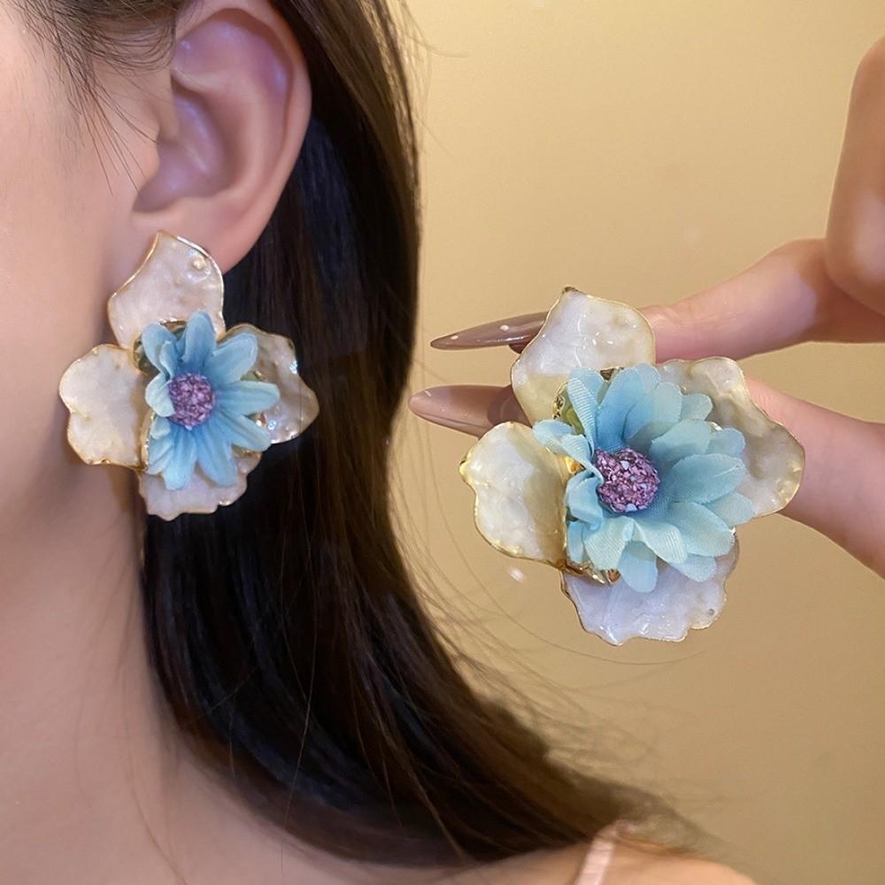 Iron Cloth Colorful Flower Earrings Korean Style Floral Ear Studs Exaggerated Ear Pendant Festival