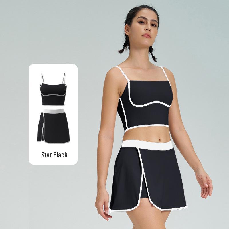 Женский стройнящий теннисный костюм контрастных цветов, быстросохнущий жилет для йоги и фитнеса со юбкой, с чашечками, комплект из двух предметов спортивной одежды.