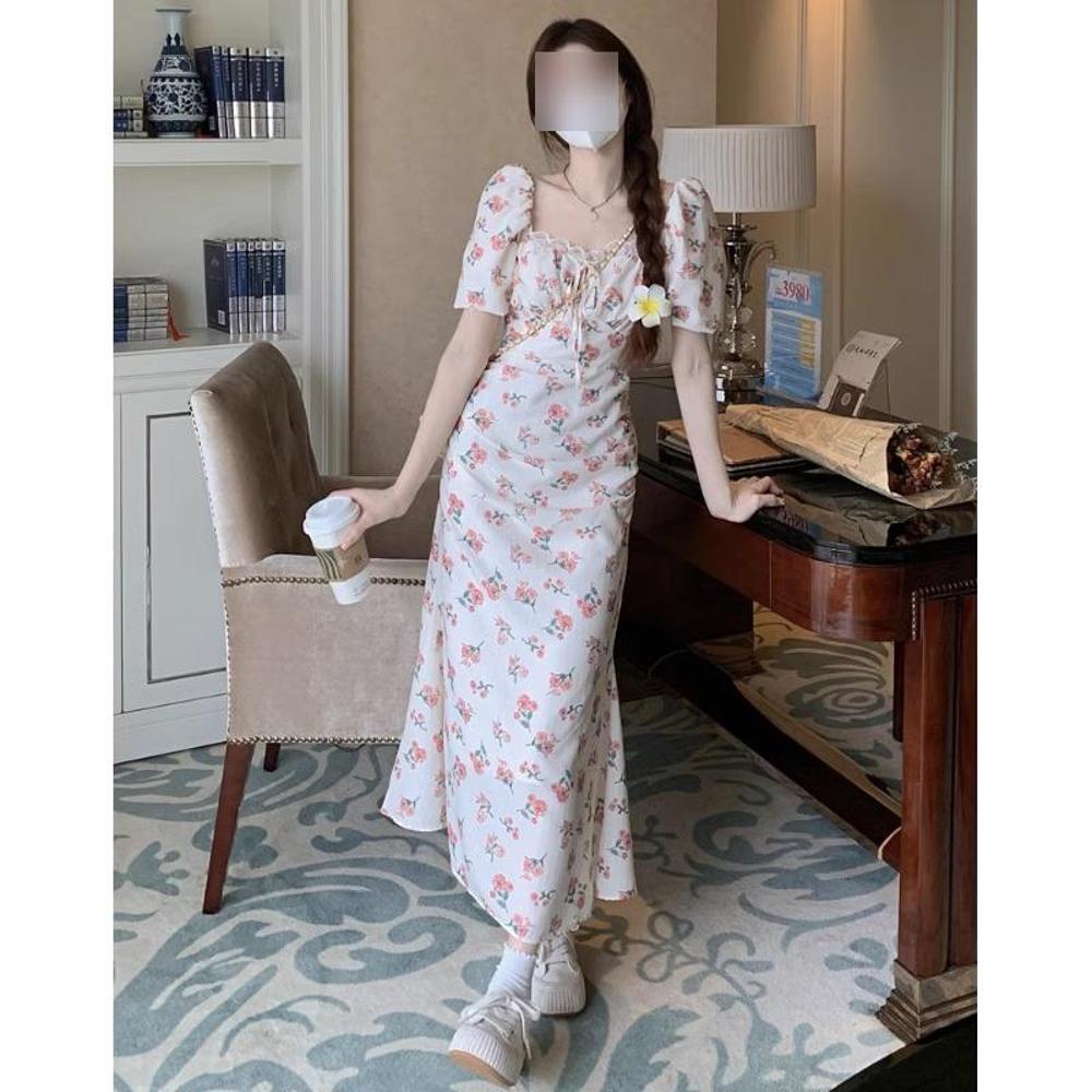 Женское французское платье «Первая любовь» с цветочным принтом, квадратным вырезом, юбкой «рыбий хвост», пышными рукавами и шнуровкой на спине