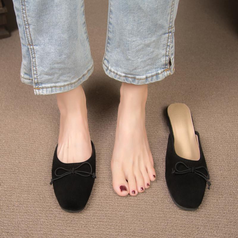 Flats Bow Sandals Summer New Fashion Women Mules Shoes Designer Suede Pointed Toe Slippers Dress Casual Slingback Zapatos Mujer