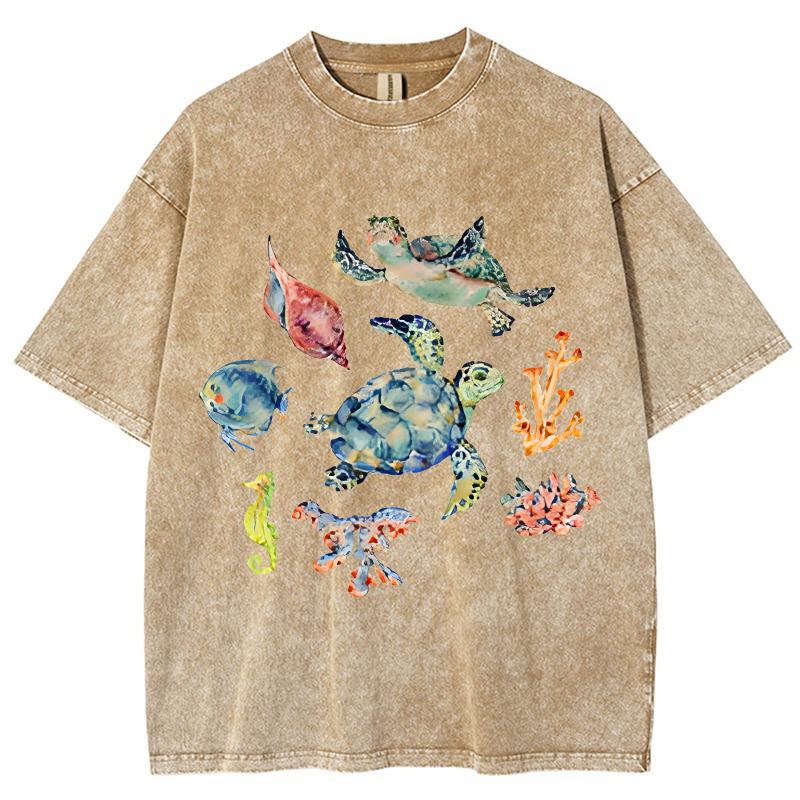 Turtle Seahorse Print Vintage Distressed T-Shirt Unisex Loose Short Sleeve Oversized Cotton Crew Neck Top Pullover
