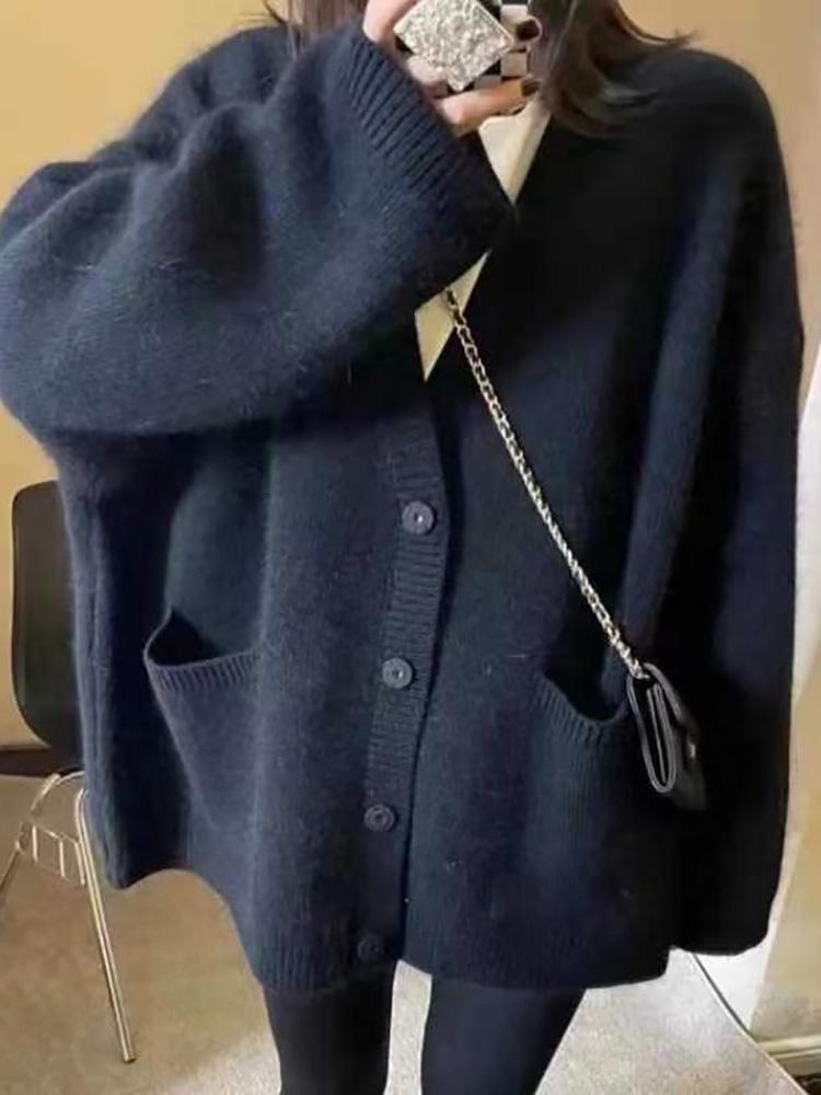 2024 Осень Зима женский кардиган свитер синий Вязаный топ застегивается на пуговицы Элегантный V-образный вырез вязаный свитер кардиган