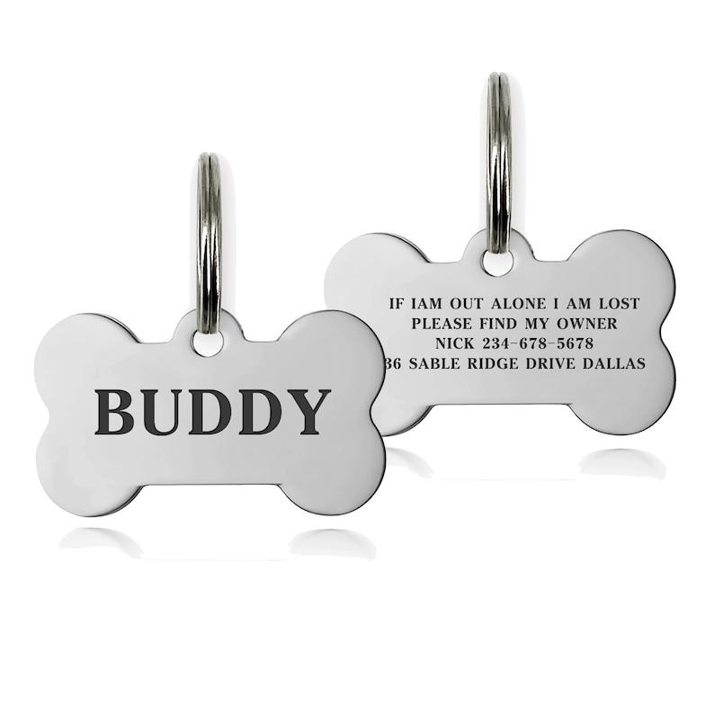 Premium Engraved Personalised Dog ID Tag Dog Name Tag Cat Puppy Name ID Bone Tag Collar Black Silver Gold Stainless Steel 3