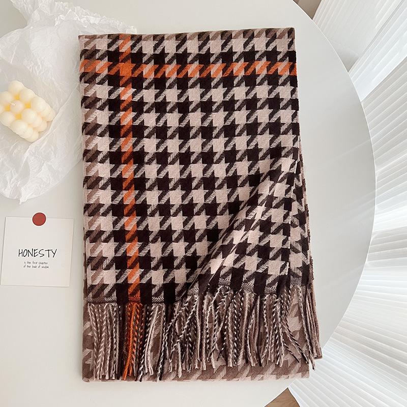 New Thickened Fringe Scarf WomenS Thousand Bird Plaid Cashmere Shawl Sunscreen Autumn And Winter Warm And Wind Proof Neckband Women