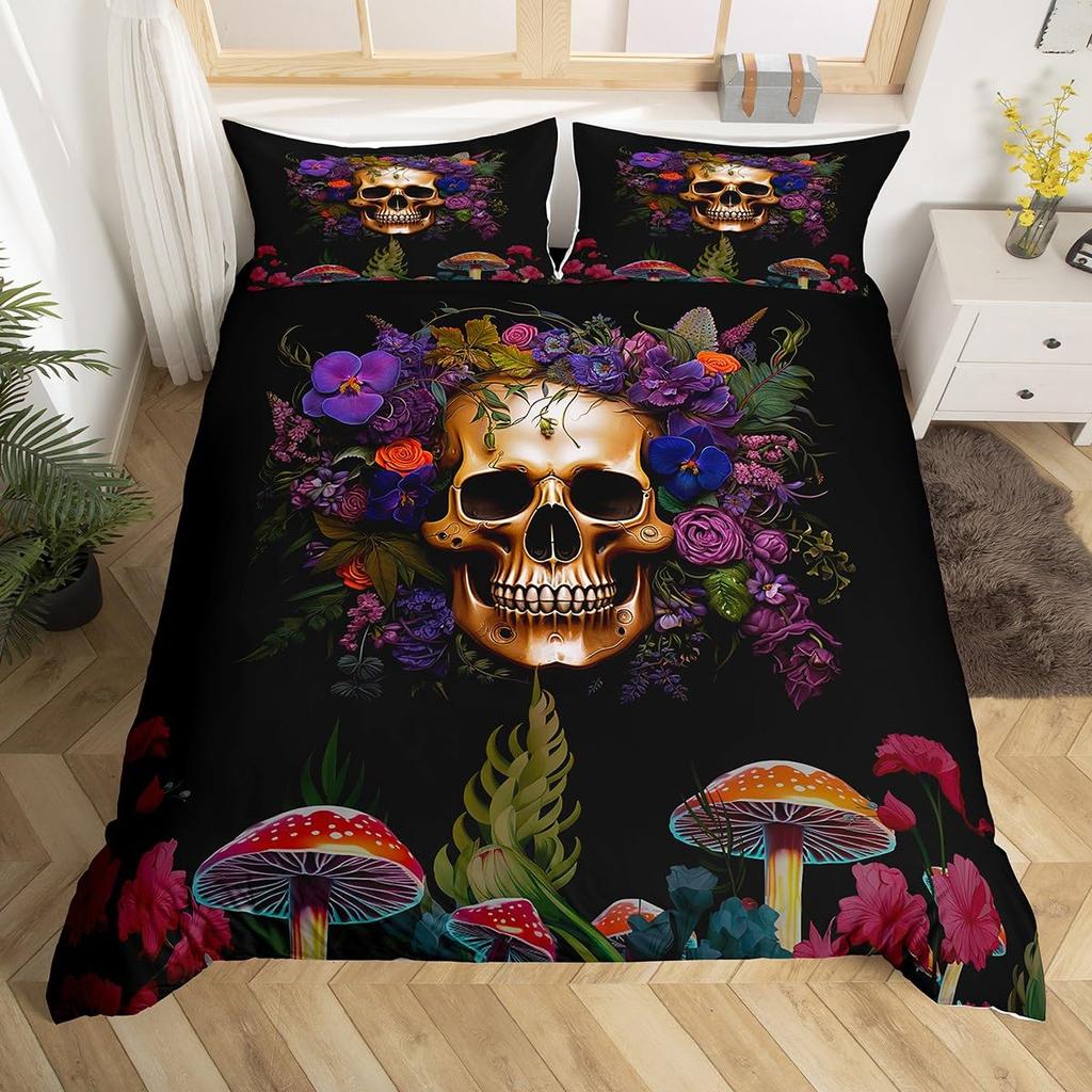 Готический комплект постельного белья с черепом Кинг Квин Богемный Скелет Солнце Пододеяльник Триповый Гриб Чехол для одеяла Цветок Растение Покрывало