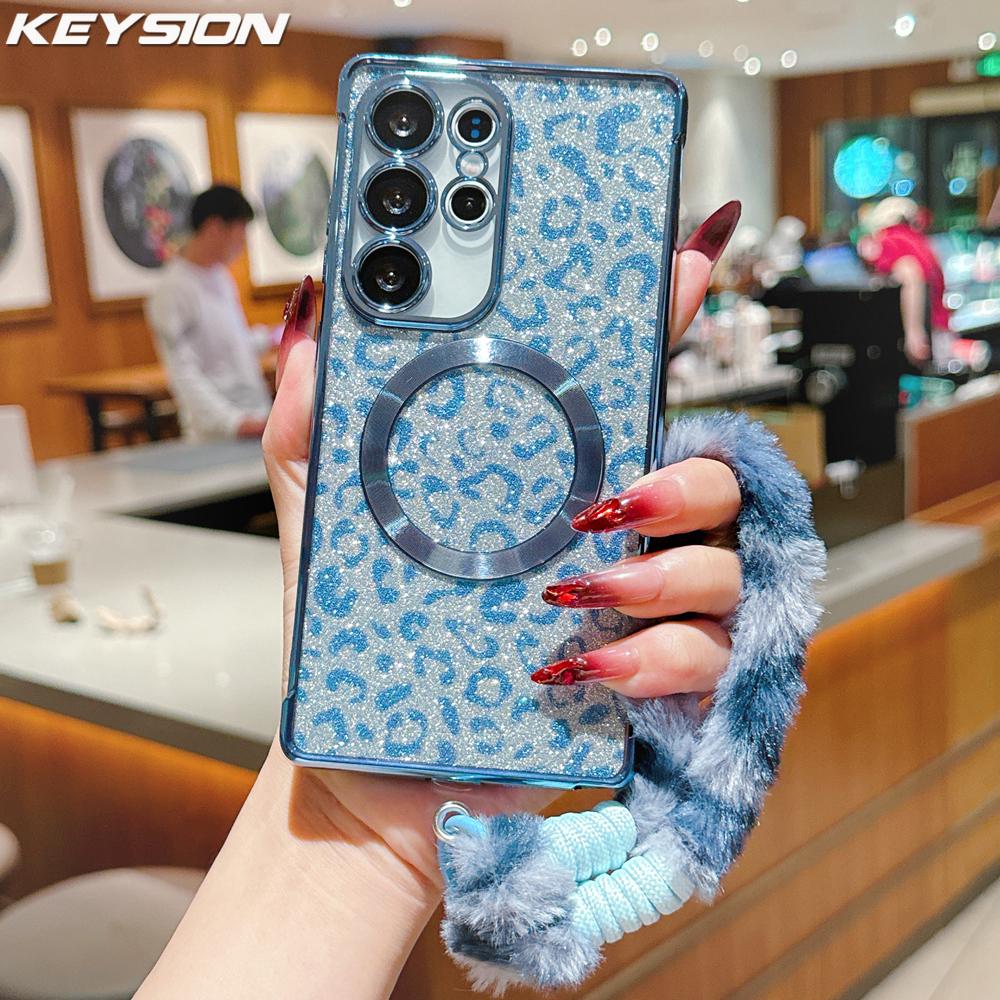 KEYSION Магнитный чехол для телефона с леопардовым принтом и блестками для Samsung Galaxy S21 S22 S23 S24 S25 S26 Ultra S26+ S25 FE с плюшевым шнурком, противоударный чехол